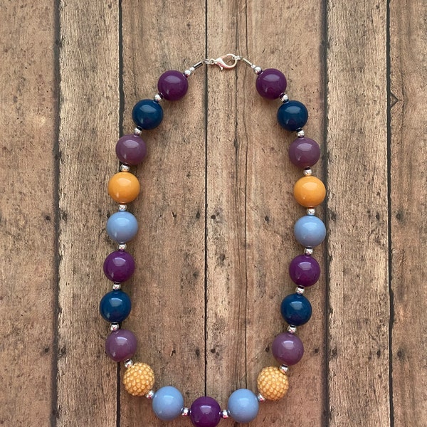 Cool Autumn Bubblegum Necklace, bubblegum beads, little girl jewelry, gift, chunky beads, fall, pumpkin, purple, blue, goldenrod