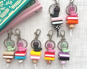 Bookworm Keychain, bag bling, gifts for her, gift, keychain, worm, books, reader, librarian, teacher, library, author, reading, bookish