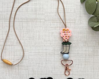 Bloom Where You Are Planted Lanyard, teacher gift, badge ID holder, office, student id, school ID, rainboots, spring, rain, bloom, flowers