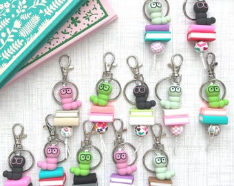 Bookworm Keychain, bag bling, gifts for her, gift, keychain, worm, books, reader, librarian, teacher, library, author, reading, bookish