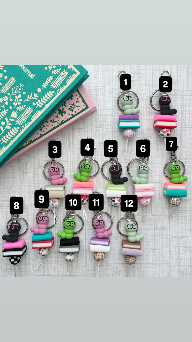Cute Library Keychains Bookworm Keychain, Bag Bling, Gifts for Her, Gift, Keychain, Worm ...