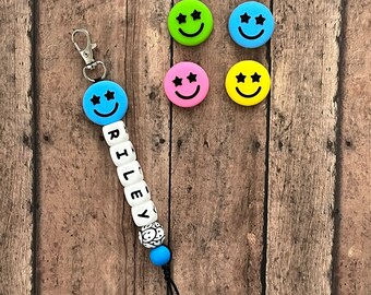 Smiley Custom Name Tag Keychain, bag bling, zipper charm, name tag, gift, personalize, birthday, smile, smiley face, cool, teen, happy, neon