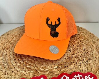 Buck Men's Leather Patch Hat, mesh back, baseball cap, neon orange, Hunter, deer, Buck, hunting season