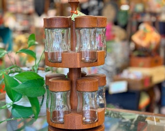 Vintage 1960s Mid Century Digsmed Rotating 2-Tier Teak Wood Spice Rack with Jars