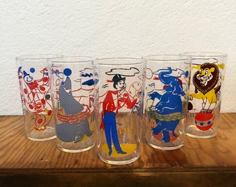 Vintage Big Top Circus Tumblers Featuring a Seal Lion Elephant Clown - Set of 6