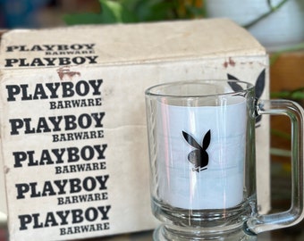 Vintage 1970s Deadstock Set of 4 Playboy Clear Glass Mugs Barware in Original Box