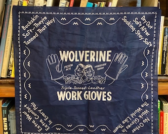 Vintage 1950s Blue Wolverine Work Gloves Advertising Square Handkerchief