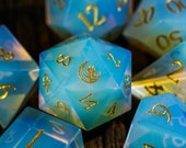 Opalite Gemstone DnD Dice Set Engrave Font A Gold Ink The Cat and The Moon Version