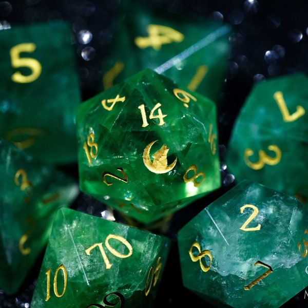 Green Fluorite Gemstone DnD Dice Set with Engraved Font A in Gold Ink Crescent Howling Wolf Edition