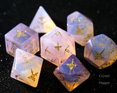Pink Opalite Gemstone DnD Dice Set Engrave Font A Gold Ink Decorative Pattern Dagger Rose Version