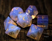Pink Opalite Gemstone DnD Dice Set Engrave Font A Gold Ink Crescent Moon Version