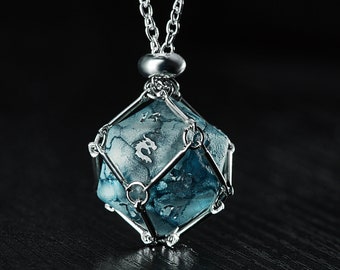 Raised Dark Blue Lightning Glass Dragon Dice D20 Necklace