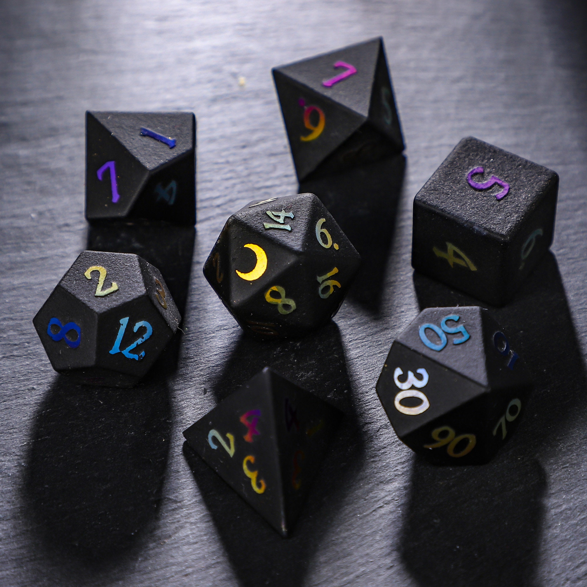 Raised Holographic Obsidian Gemstone Dnd Dice Set Moon Dice Etsy