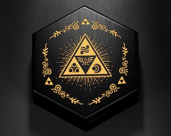 Dobbelstenendoos van zwart hout met Zelda-motief