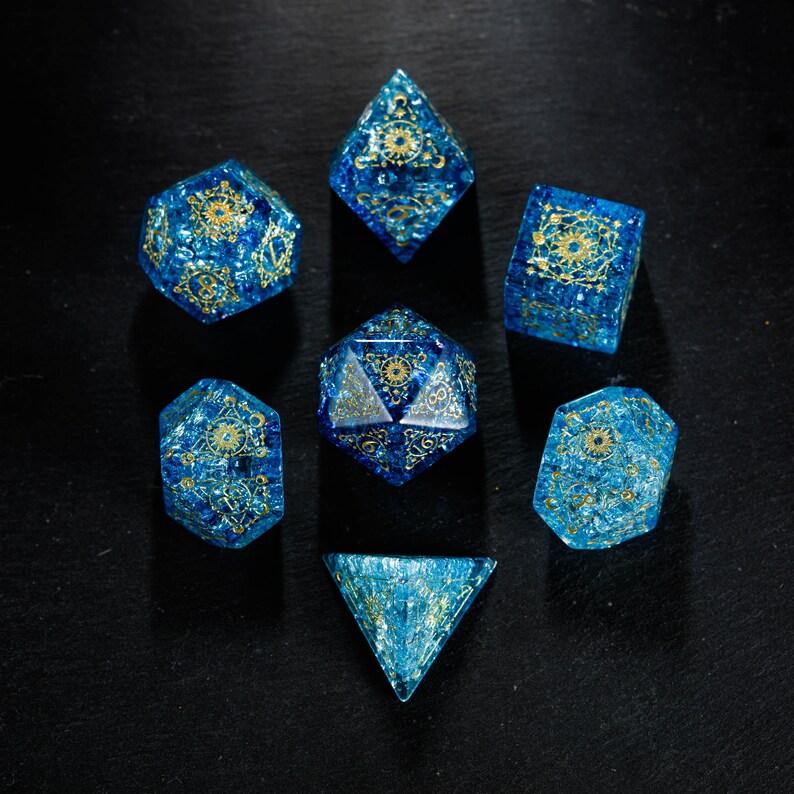 Blue Lightning Glass Dnd Dice Set Astrology Motif Etsy