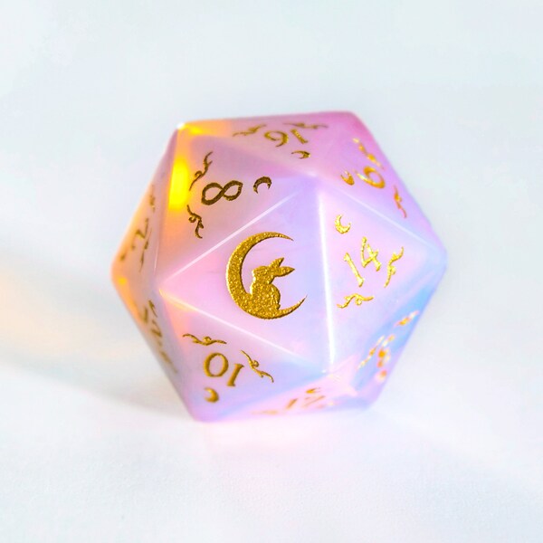 Pink Opalite Gemstone Antler Moon Motif Bunny Dice Set