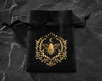 Sac à dés noir en cuir synthétique, motif abeille et plante