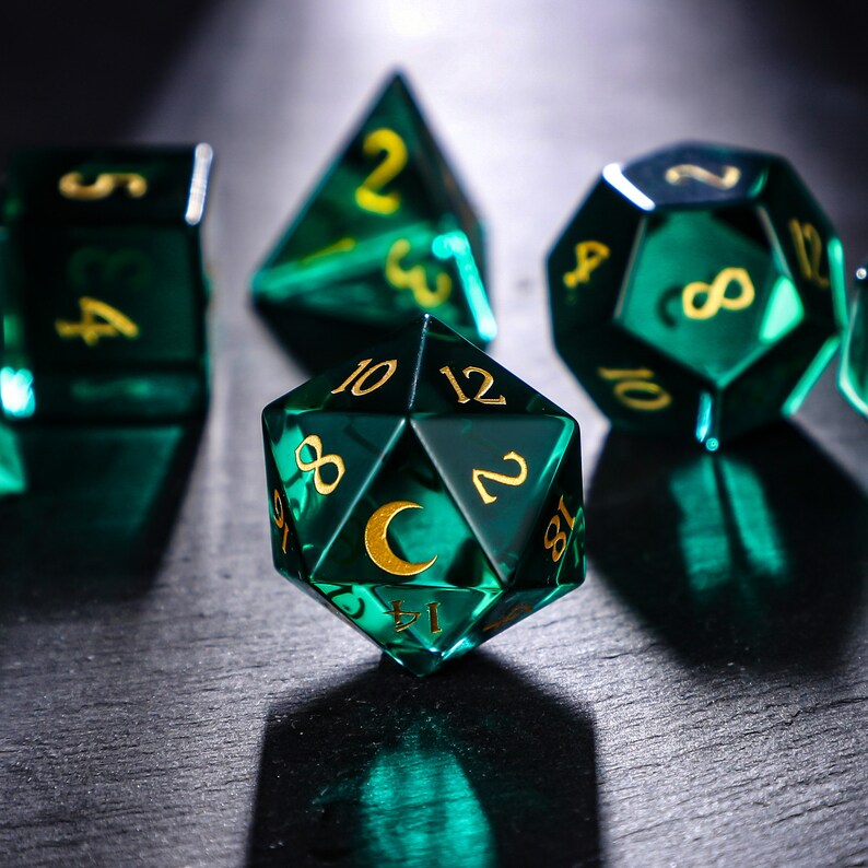 Green Glass Dnd Dice Set Moon Dice Etsy