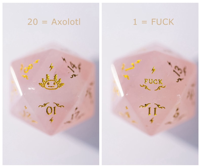 Rose Quartz Gemstone DnD Dice Set Axolotl Motif Fuck Dice 