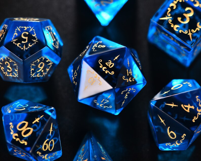 Blue Glass DnD Dice Set Dagger Moon Motif Etsy