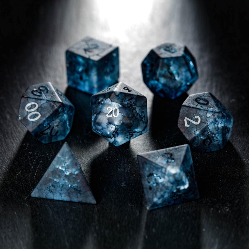 Raised Dark Blue Lightning Glass Dice Set 11 Dice Set