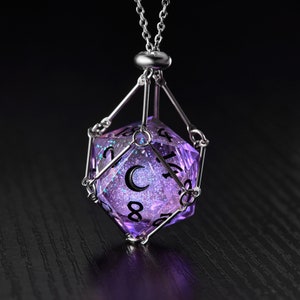 Purple Liquid Core Galaxy Dice Moon D20 Necklace