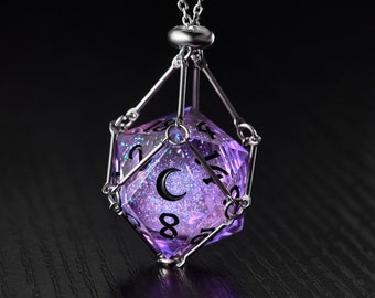 Purple Liquid Core Galaxy Dice Moon D20 Necklace