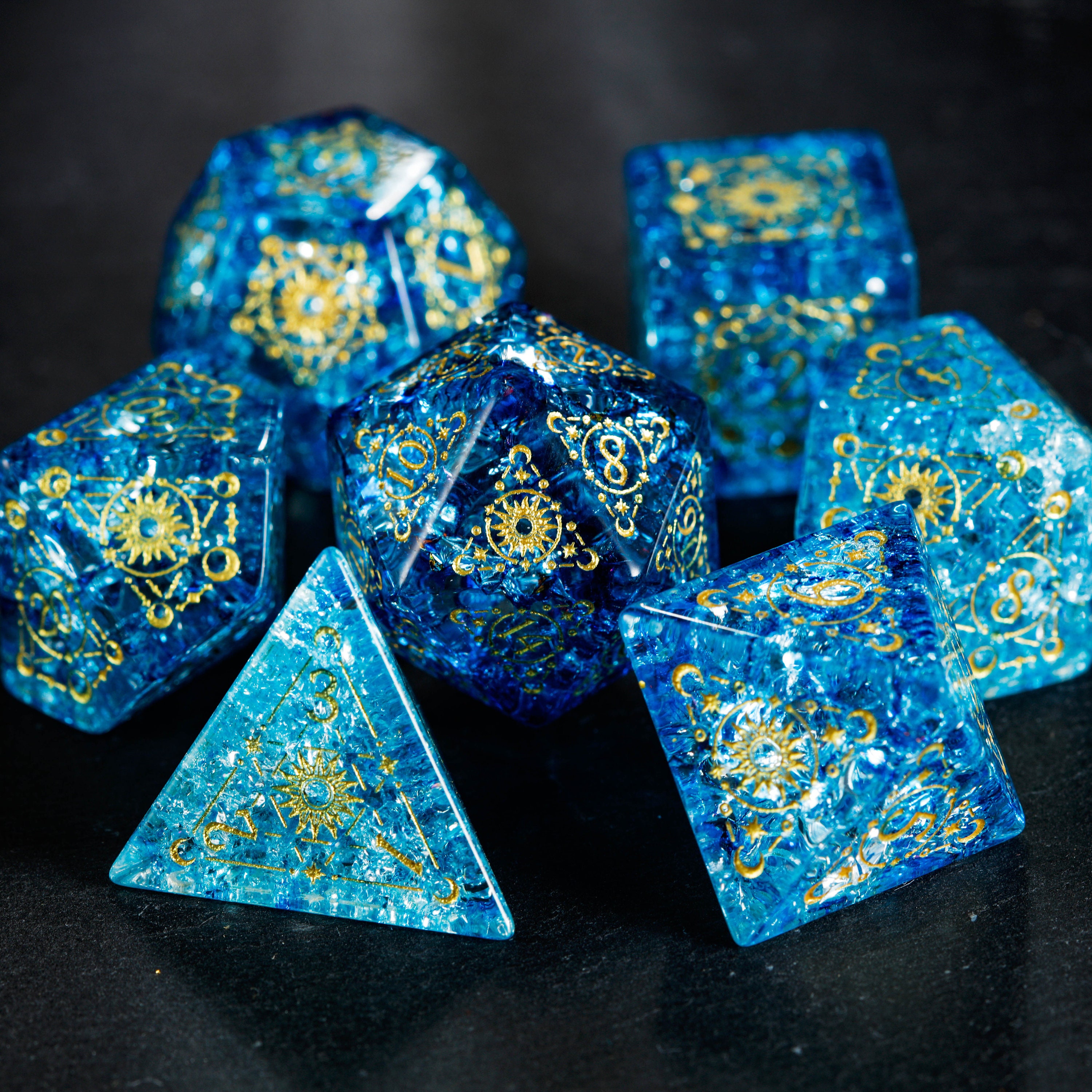 Blue Lightning Glass Dnd Dice Set Astrology Motif Etsy