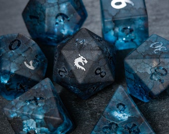 Raised Dark Blue Lightning Glass Dragon Dice Set