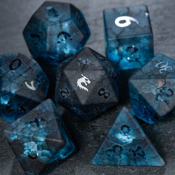 Raised Dark Blue Lightning Glass Dragon Dice Set