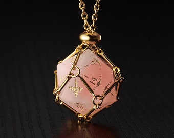 Rose Quartz Gemstone Rogue Rose Motif D20 Necklace