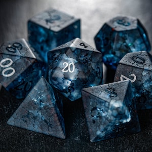 Raised Dark Blue Lightning Glass Dice Set Full Set