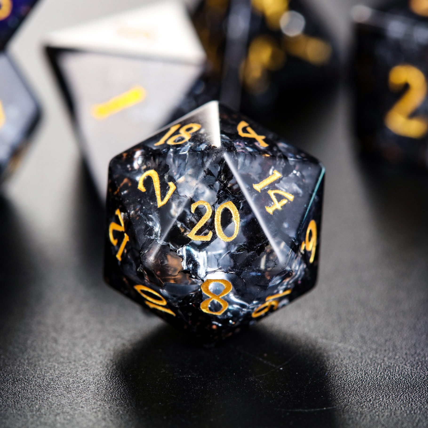 Black Lightning Glass Cracked Glass Dnd Dice Set All Number Etsy