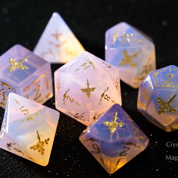 Pink Opalite Gemstone DnD Dice Set Dagger Rose Motif