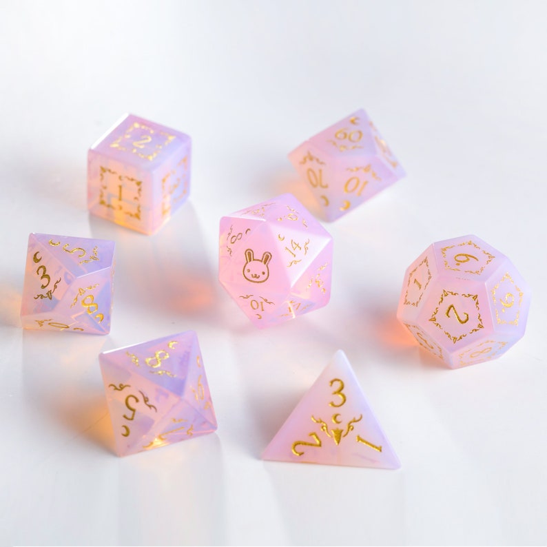 Pink Opalite Gemstone Antler Moon Motif Bunny Fck Dice Set Full Set