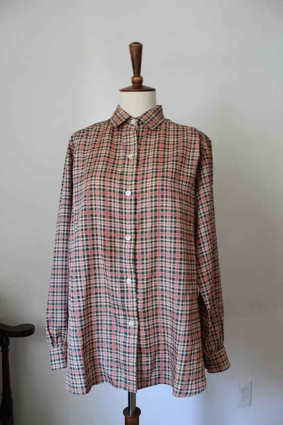 1970's Plaid Polyester Blouse Top