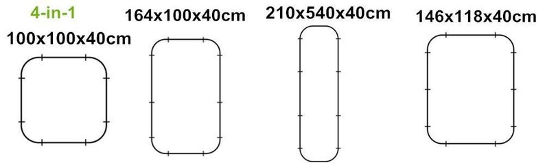 May include: Diagram showing four different sizes of rectangular frames with rounded corners. The frame sizes are labeled: 4-in-1, 100x100x40cm, 164x100x40cm, 210x540x40cm, and 146x118x40cm.