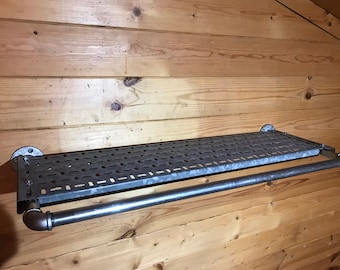 Industrial galvanised metal pipe shelf with hanging rail,