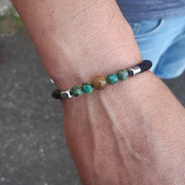 Bracelet en cuir tressé et pierres fines œil de tigre, turquoise africaine