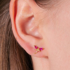 Dainty 18K Gold Vermeil 925 Sterling Silver Gold Plated Fuchsia Dragonfly Stud Earring - Fairy, Cottagecore Jewellery, Animal, Nature, Cute