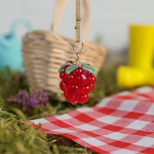 Red Raspberry Charm Necklace, Handmade Lampwork Bespoke Fruit Themed Necklace, 14K Gold or 925 Sterling Sliver Glass Beads