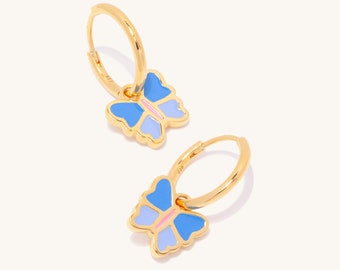 Dainty 18K Gold Vermeil Sterling Silver Gold Plated - Meadow Blue Enamel Butterfly Huggie Hoop Earring - Y2K, Perfect Gift, Cute Fun Earring