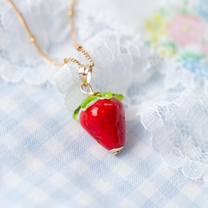 Strawberry Charm Necklace, Handmade Lampwork Bespoke Fruit Themed Necklace, 14K Gold or 925 Sterling Sliver Glass Beads