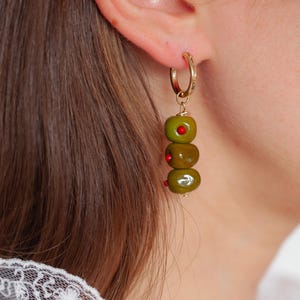 Martini Olive Earrings - Handmade lampwork glass bespoke fruit themed earrings picnic blanket, 14k gold filled or 925 sterling silver hoops