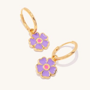 Dainty 18K Gold Vermeil Sterling Silver Gold Plated Purple Wildflower Enamel Huggie Hoop Earring Y2K, Perfect Gift, Cute Floral Earring image 1