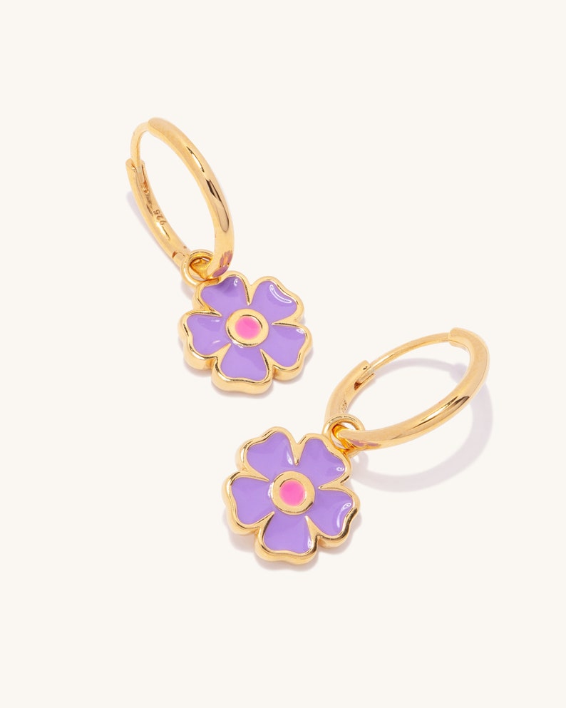 Dainty 18K Gold Vermeil Sterling Silver Gold Plated Purple Wildflower Enamel Huggie Hoop Earring Y2K, Perfect Gift, Cute Floral Earring image 1