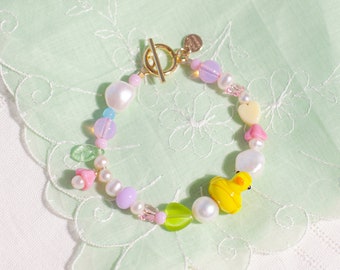 Ducky Bracelet - Beaded Bracelet - Cute Beaded Jewellery, Freshwater Pearl, Lampwork Glass Beads, Glass Animal Beads, Lampwork Duck bracelet