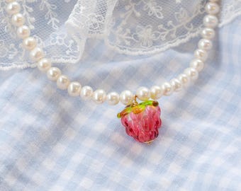 Collier Fraises Perles Lampwork - Acier Inox - Fait Main - Modèle MC013 - Neuf Sans Emballage