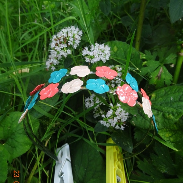 Serre-tête double floral 3 couleurs turquoise, pêche-abricot, blanc cassé, accessoire de coiffure