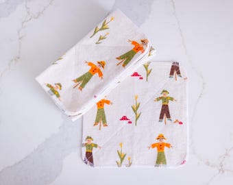 scarecrow reusable napkins, fall cloth napkins, white flannel washcloth, autumn leaves paperless napkins, halloween cloth wipes